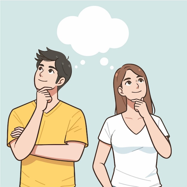 illustration of two people standing side by side with a thought bubble above them