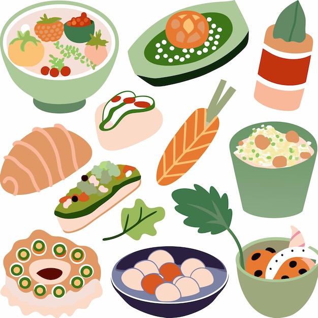 Vector illustration of a variety of different foods including vegetables fruits grains and pastries