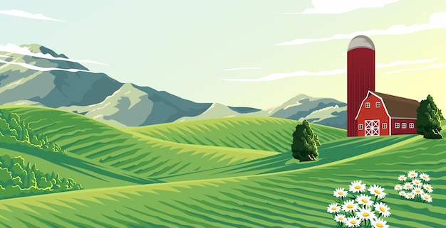 Vector illustration of a view of agricultural land in the hills with mountains and clear skies