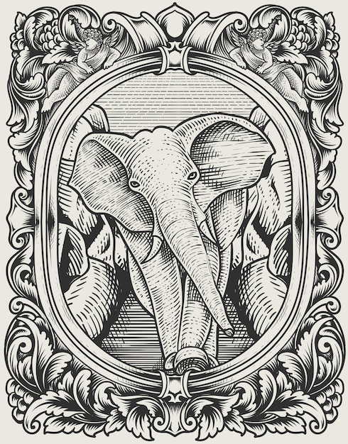 Vector illustration vintage elephant with engraving style