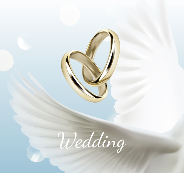 Vector illustration of white dove wings and two wedding golden rings symbol of love