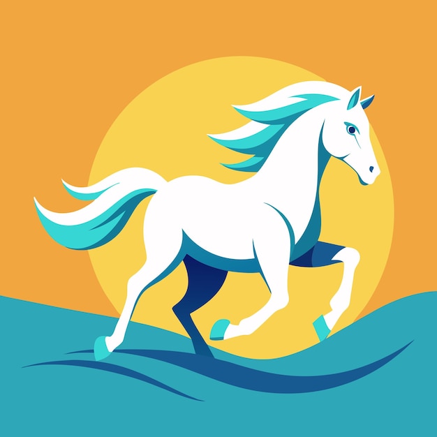 Vector an illustration of a white horse with a blue tail and a blue and yellow background