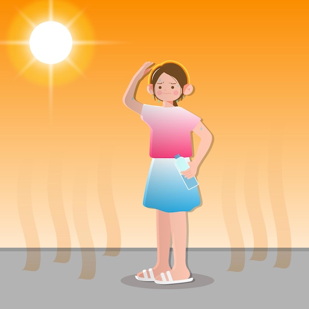 Vector illustration of a woman standing with a water bottle under the hot sun in the summer