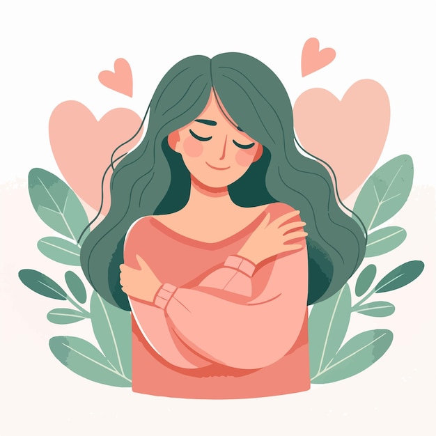 illustration of a woman with long wavy hair giving herself a hug