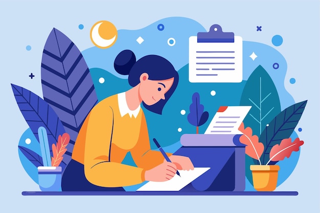 Vector an illustration of a woman writing a letter at a desk surrounded by foliage writing a letter customizable semi flat illustration