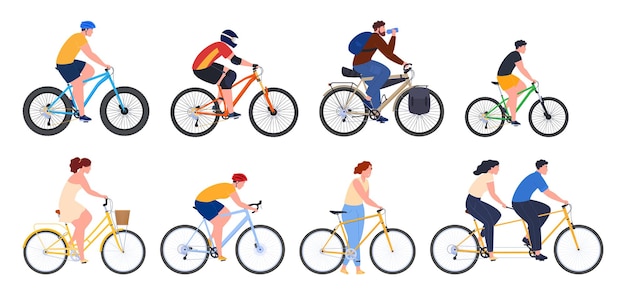 Illustrations of people on bicycles of different types for leisure and various sports twowheeled tra