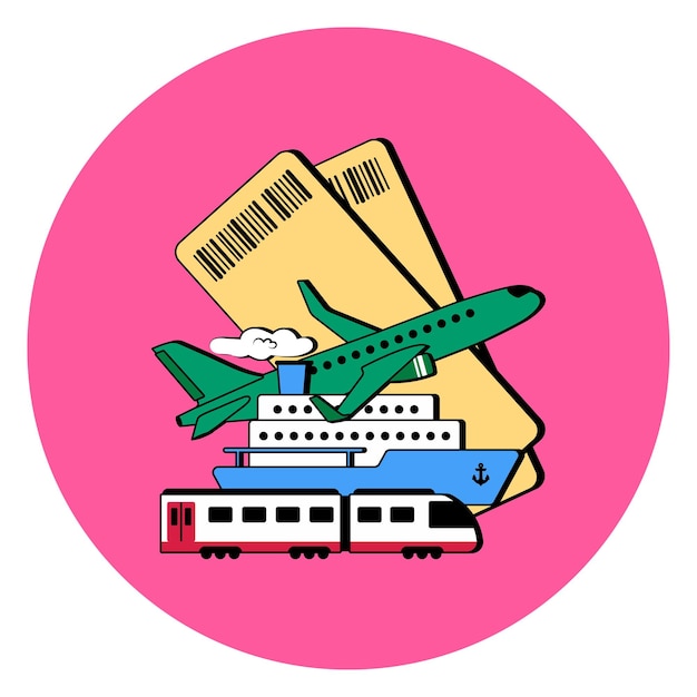 Illustrations on the topic of travel Plane ship train tickets