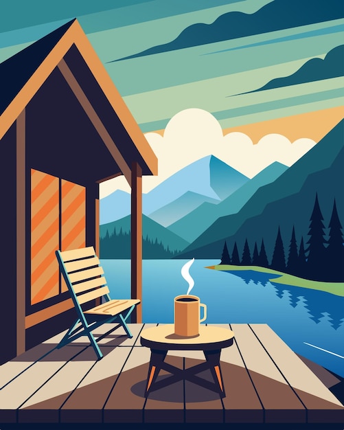 Vector imagine starting your workday on the porch of a quaint fishing cabin sipping coffee with a