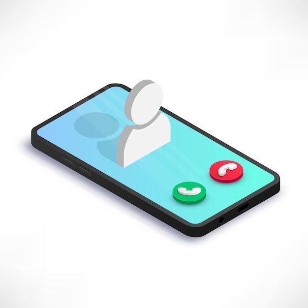 Incoming call on smartphone screen isometric concept isolated on white background. 3d mobile phone with call screen, user icon and buttons.