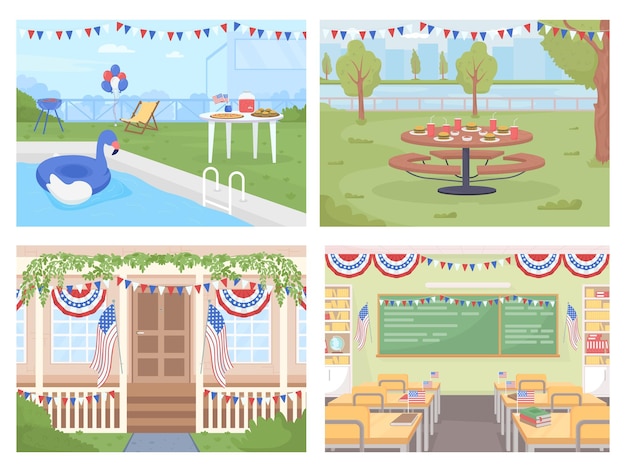 Independence day in America flat color vector illustration set