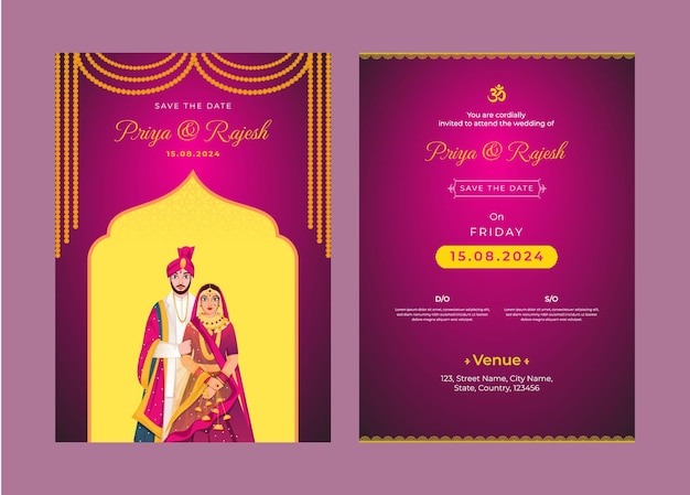 Vector indian wedding inviation card with couple illustration