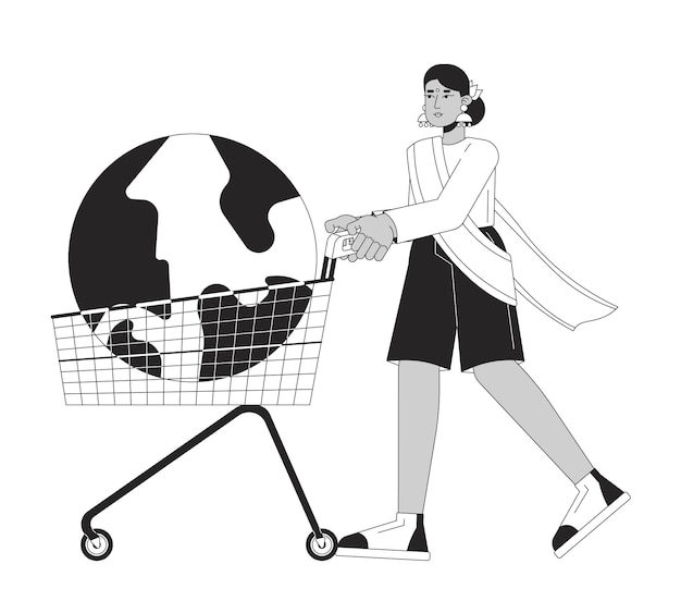 Indian woman pushing cart with earth globe black and white 2D illustration concept