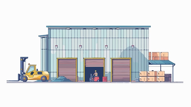 Vector industrial warehouse with roller doors forklift and loader workers