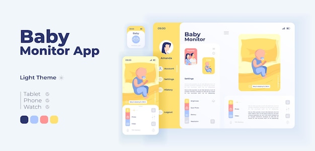 Vector infant care help app screen vector adaptive design template. remote baby monitoring application day mode interface with flat characters. newborn safety. smartphone, tablet, smart watch cartoon ui