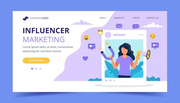 Vector influencer marketing landing page with woman holding megaphone and magnet in the social profile frame.