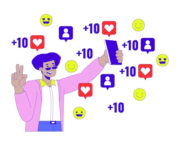 Vector influencer posing on phone camera for likes 2d linear cartoon character