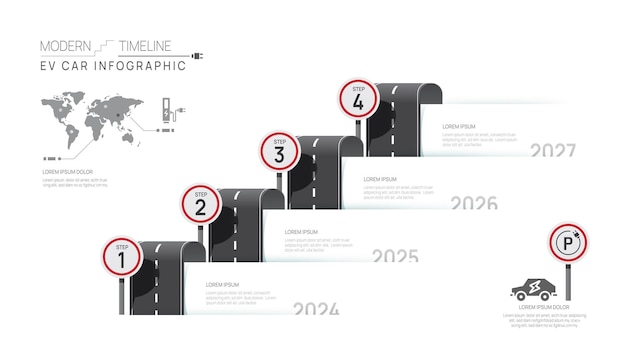 Vector infographic ev car timeline diagram template for business 4 steps modern roadmap with road topics for vector infographics flow charts presentations