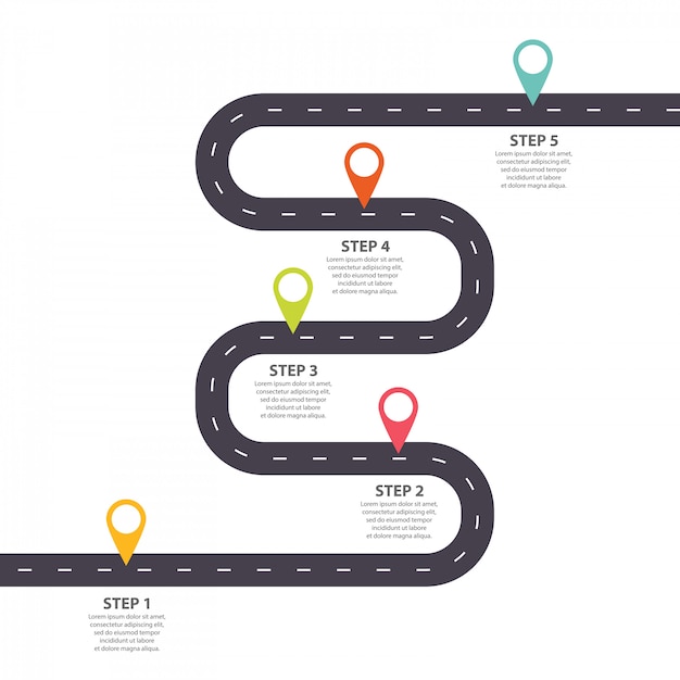 Infographic template. Growth up Winding road with pin-pointers.