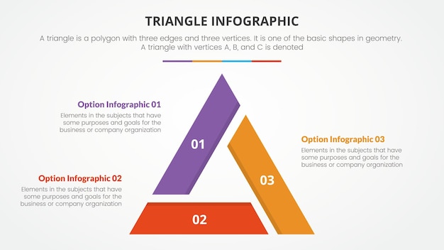 Infographic triangle concept for slide presentation with 3 point list with flat style