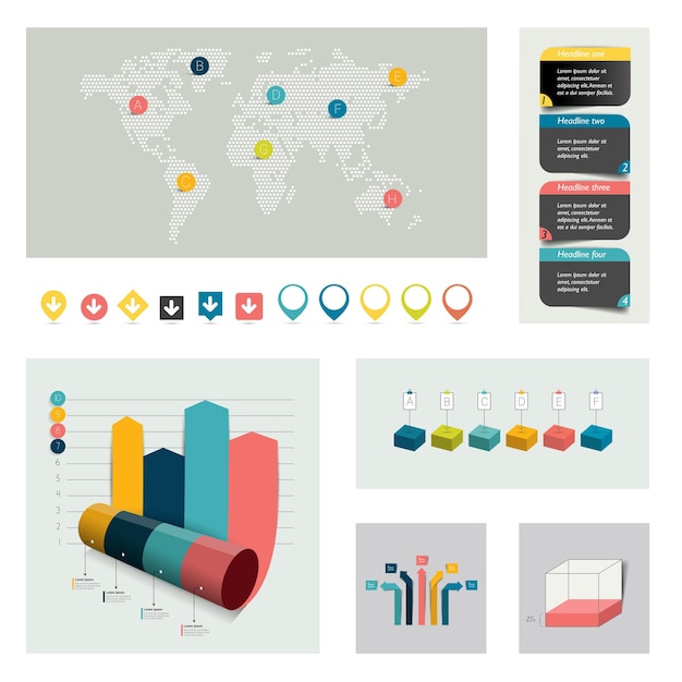 Vector infographics set. world map and brand elements.