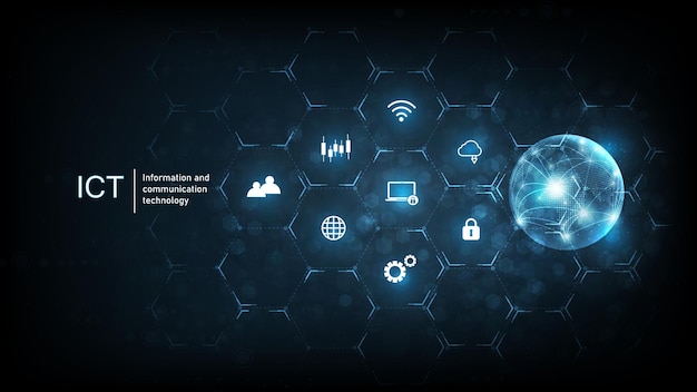 Vector information and communication technologyictconceptinformation and communication technology on dark blue background wireless communication network intelligent system automation