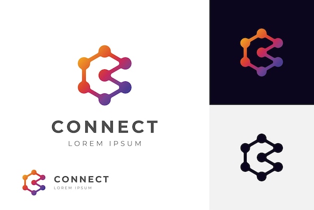 Initial letter C Molecule logo symbol with hexagon design concept for io tech Connect Dots Science Technology Logo Design or technology brand identity mark