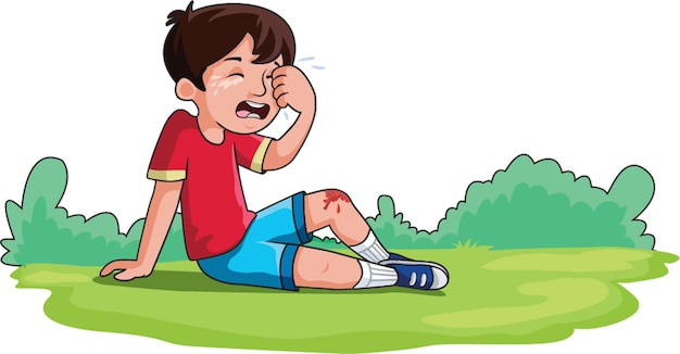 Injured boy sitting and crying vector illustration