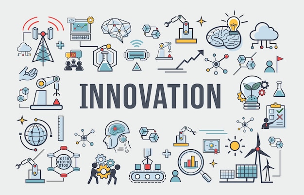 Vector innovation banner icon for business, brain, research, development and science.