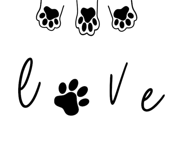Vector the inscription love and the paw print of the animal in the heart love concept