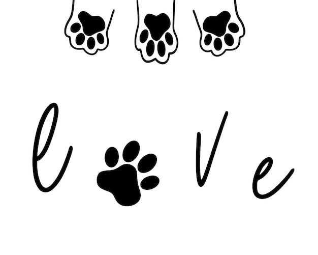 The inscription love and the paw print of the animal in the heart Love concept