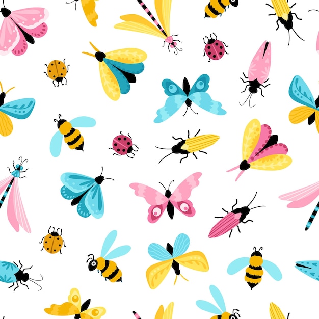 Insects seamless pattern. Colorful hand-drawn butterflies, dragonfly and beetles in a simple childish cartoon style.