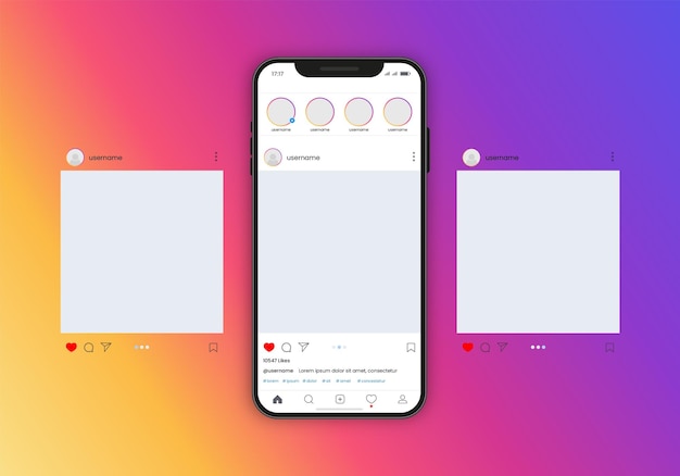 Instagram carousel or slide pages interface vector mockup with three pages