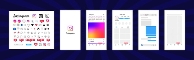 Instagram design Set screen social media and network interface template Photo frame Stories liked stream feedback personal profile chat Reels feed trending recommendations Editorial