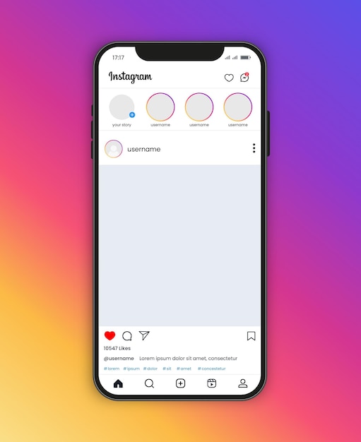 Vector instagram home page interface with smartphone vector post mockup