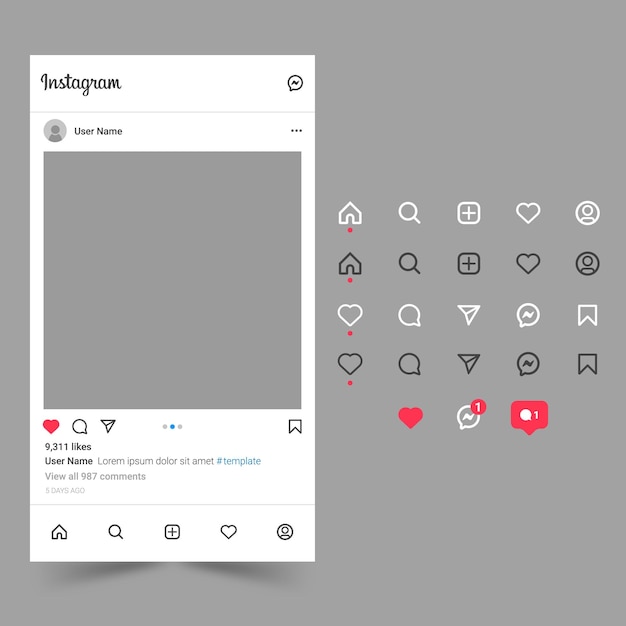 Vector instagram interface template with icons set