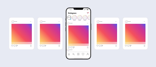 Instagram in iphone Set screen social media and network interface template Photo frame Stories liked stream feedback personal profile chat Reels feed trending Editorial