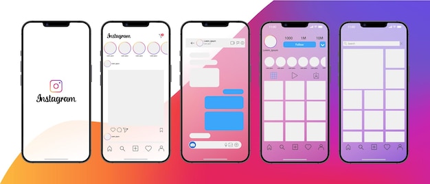 Vector instagram in iphone set screen social media and network interface template photo frame stories liked stream feedback personal profile chat reels feed trending glassmorphism editorial