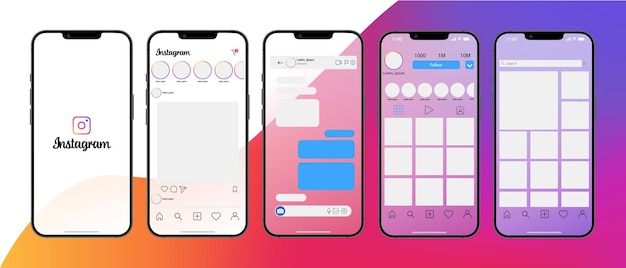 Instagram in iphone Set screen social media and network interface template Photo frame Stories liked stream feedback personal profile chat Reels feed trending Glassmorphism Editorial