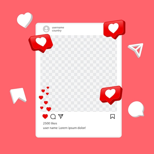 Vector instagram post mockup 3d social media frame template with 3d heart speech bubble notification icons