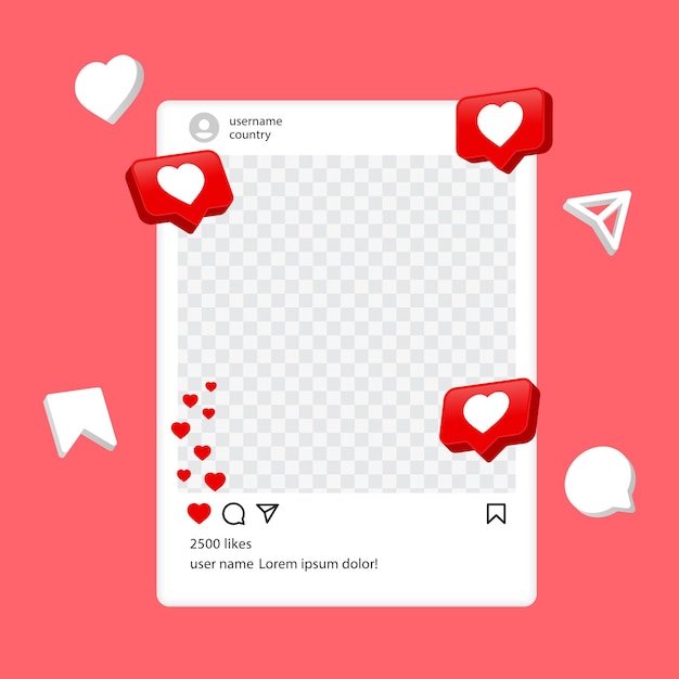 instagram post mockup 3d social media frame template with 3d heart speech bubble notification icons