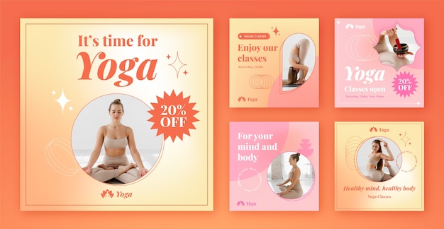 Vector instagram posts collection for yoga retreat and meditation centre