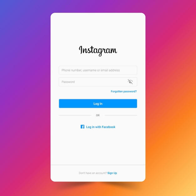 Instagram social media mobile login screen or page template