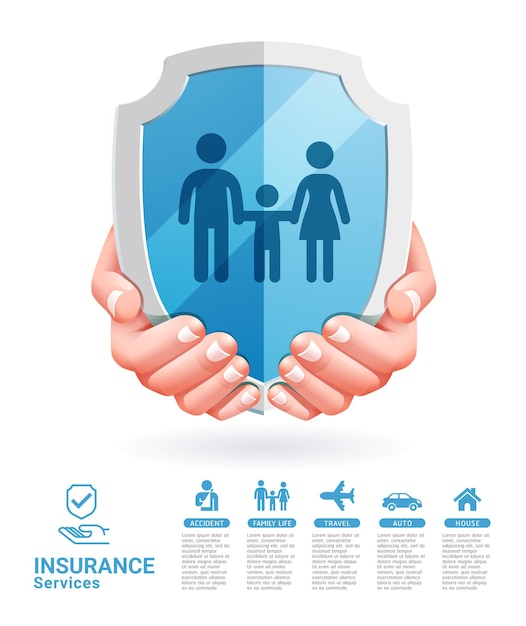Vector insurance services conceptual two hands with shield illustrations.