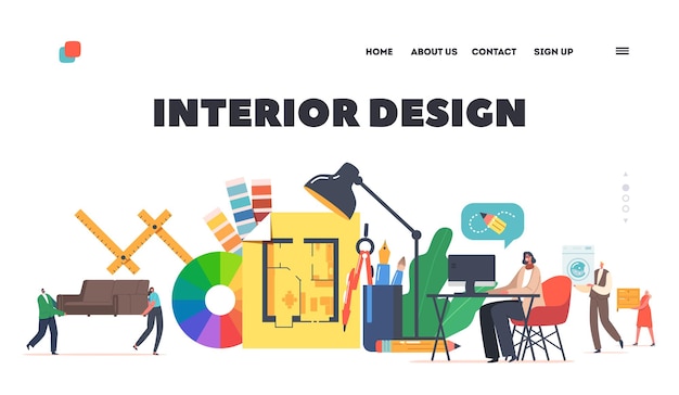 Interior Design Landing Page Template Digital Art Creative Profession Tiny Graphic Designer Characters at Huge Apartment Layout Work on Pc Create Furnishing Cartoon People Vector Illustration