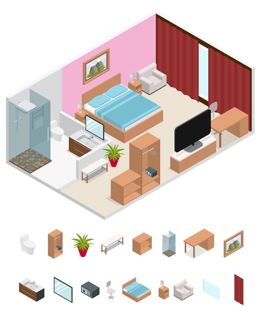 Interior Hotel Room Isometric View Vector