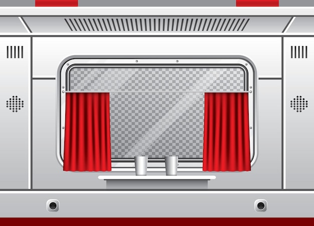 Vector interior of train wagon with window red curtains and seats with table train travel