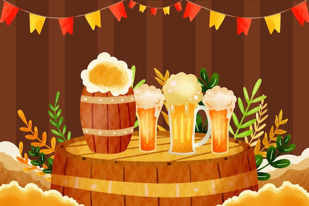 Vector international beer day watercolor illustration with beer mugs and barrel of beer