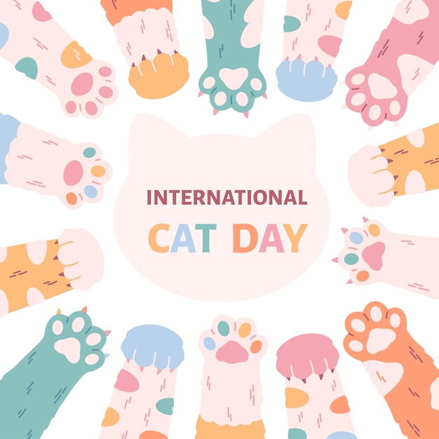 Vector international cat day greeting card cute colorful cats paws