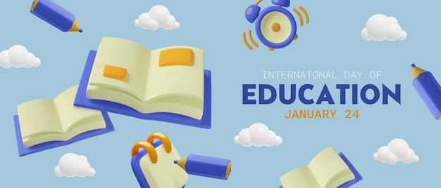 Vector international day of education january d banner background blue three dimensional stationary