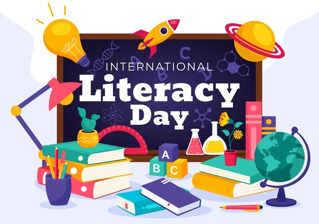 Vector international literacy day vector illustration on 8th september with books and educational equipment in an educational holiday cartoon background